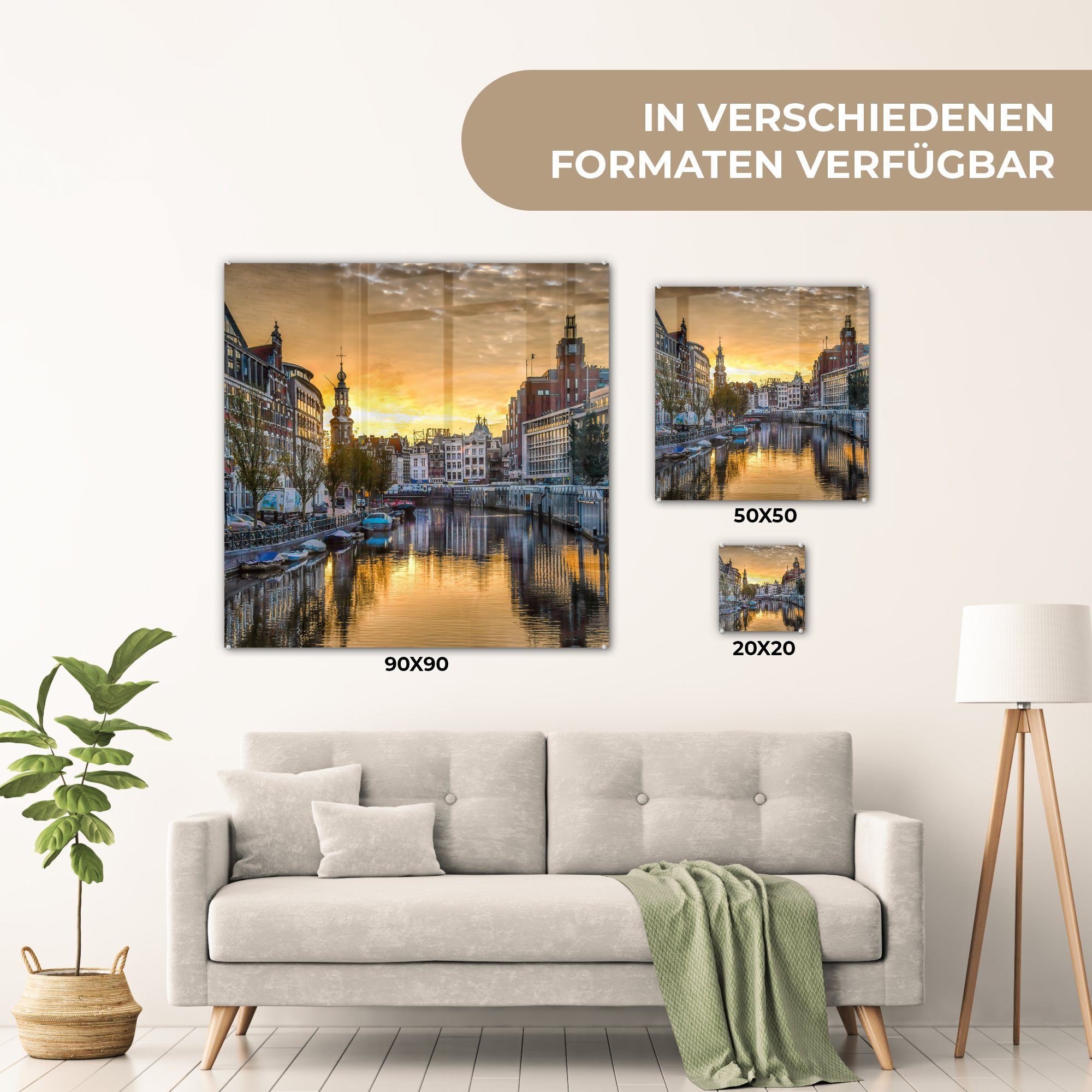 MuchoWow - Amsterdam, über auf Acrylglasbild St), Sonnenuntergang Wandbild auf in Foto - Glas Glasbilder - (1 Wanddekoration den Munttoren Bilder Glas