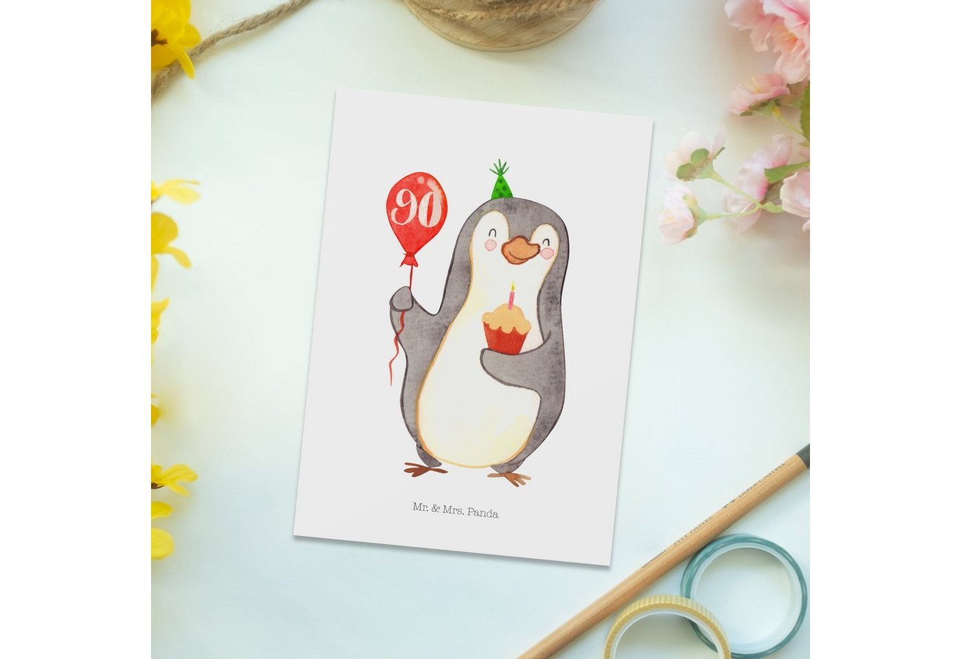 Thumbnail - Mr. & Mrs. Panda Postkarte 90. Geburtstag Pinguin Luftballon - Weiß - Geschenk, Happy Birthday, Charmantes Design