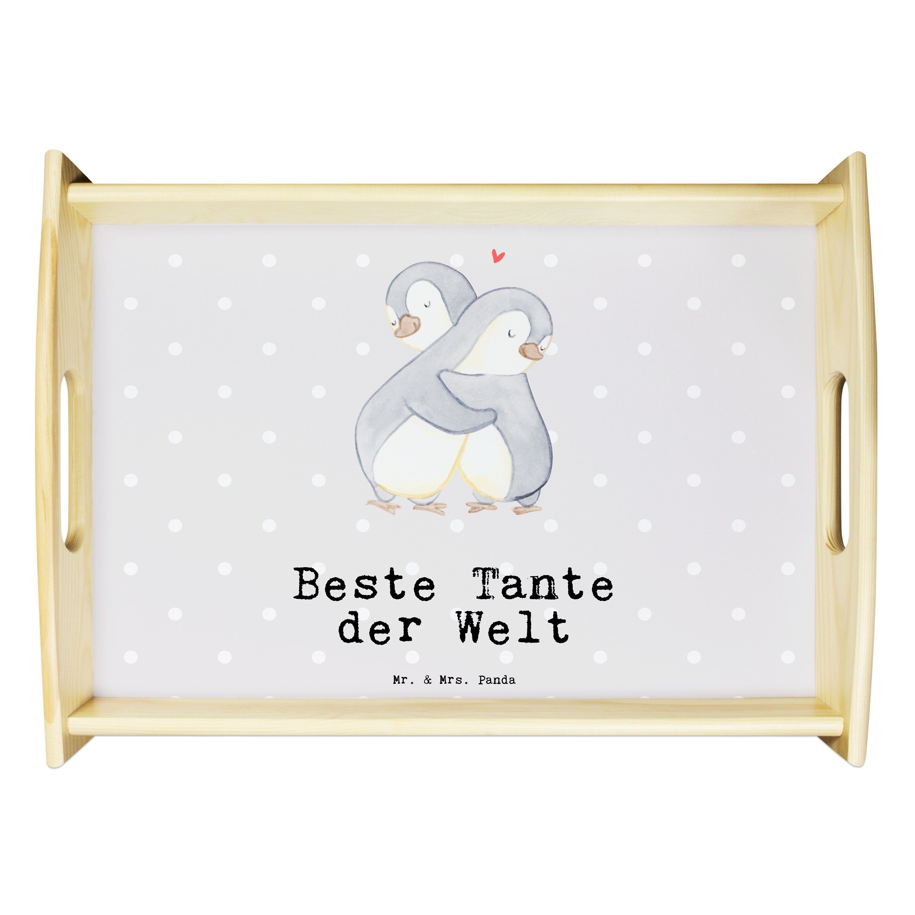 Mr. & Mrs. Tablett (1-tlg) Geschenk, Pinguin - Tante Panda Beste - Frühstückstab, lasiert, der Pastell Welt Echtholz Grau