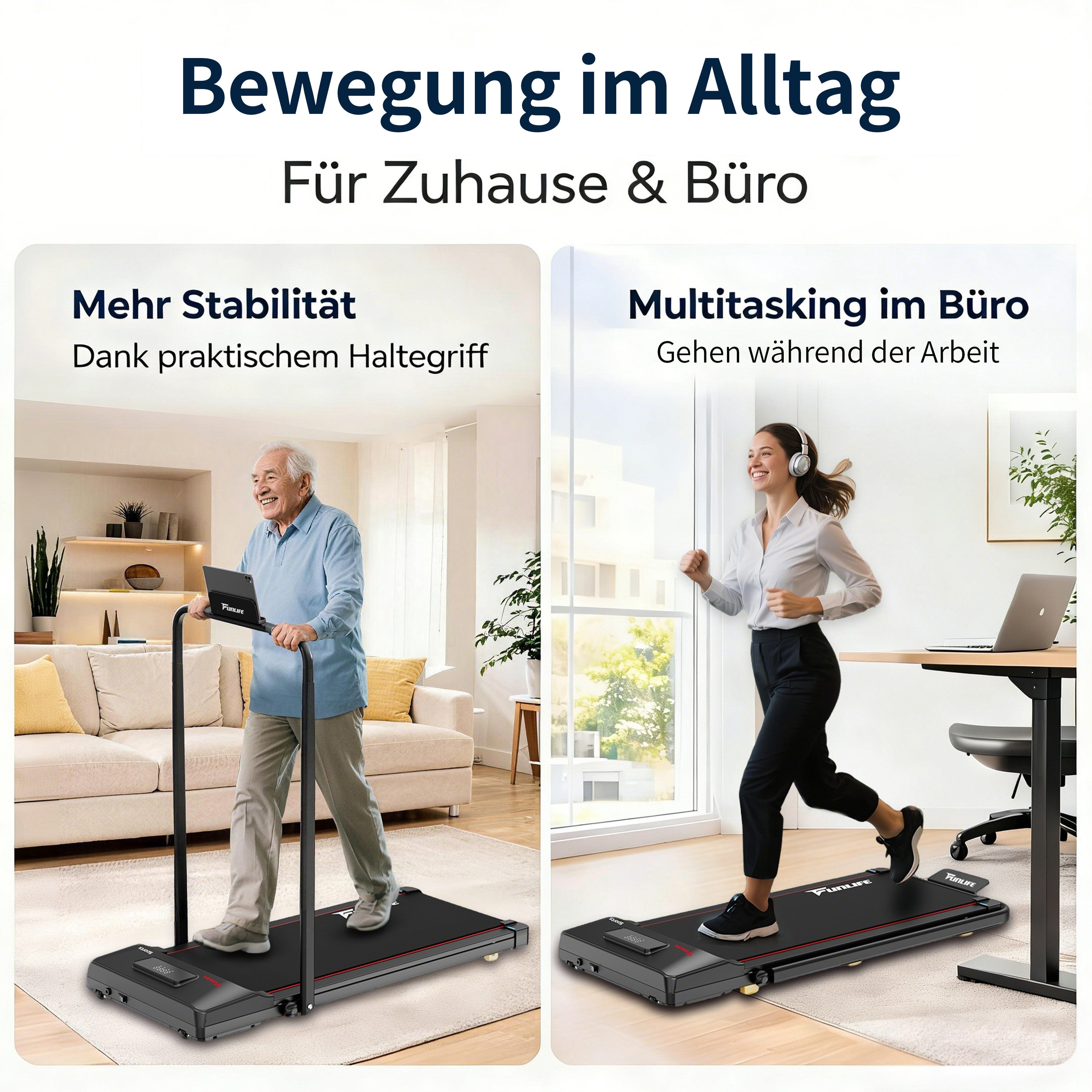 FunLife Laufband 3-in-1 Walking Pad mit Haltegriff (Einzelgerät, Homeoffice Walking Pad), 1–8 km/h, klappbar, Homeoffice geeignet
