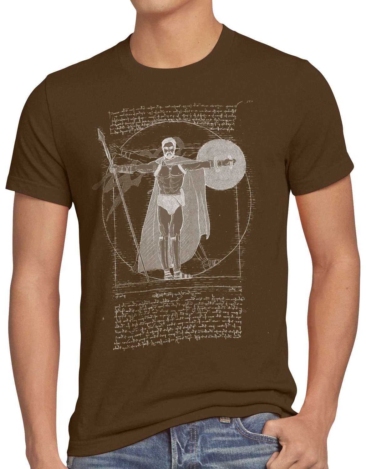 Vitruvianischer Herren kämpfer Print-Shirt braun T-Shirt style3 300 dreihundert antiker Spartaner