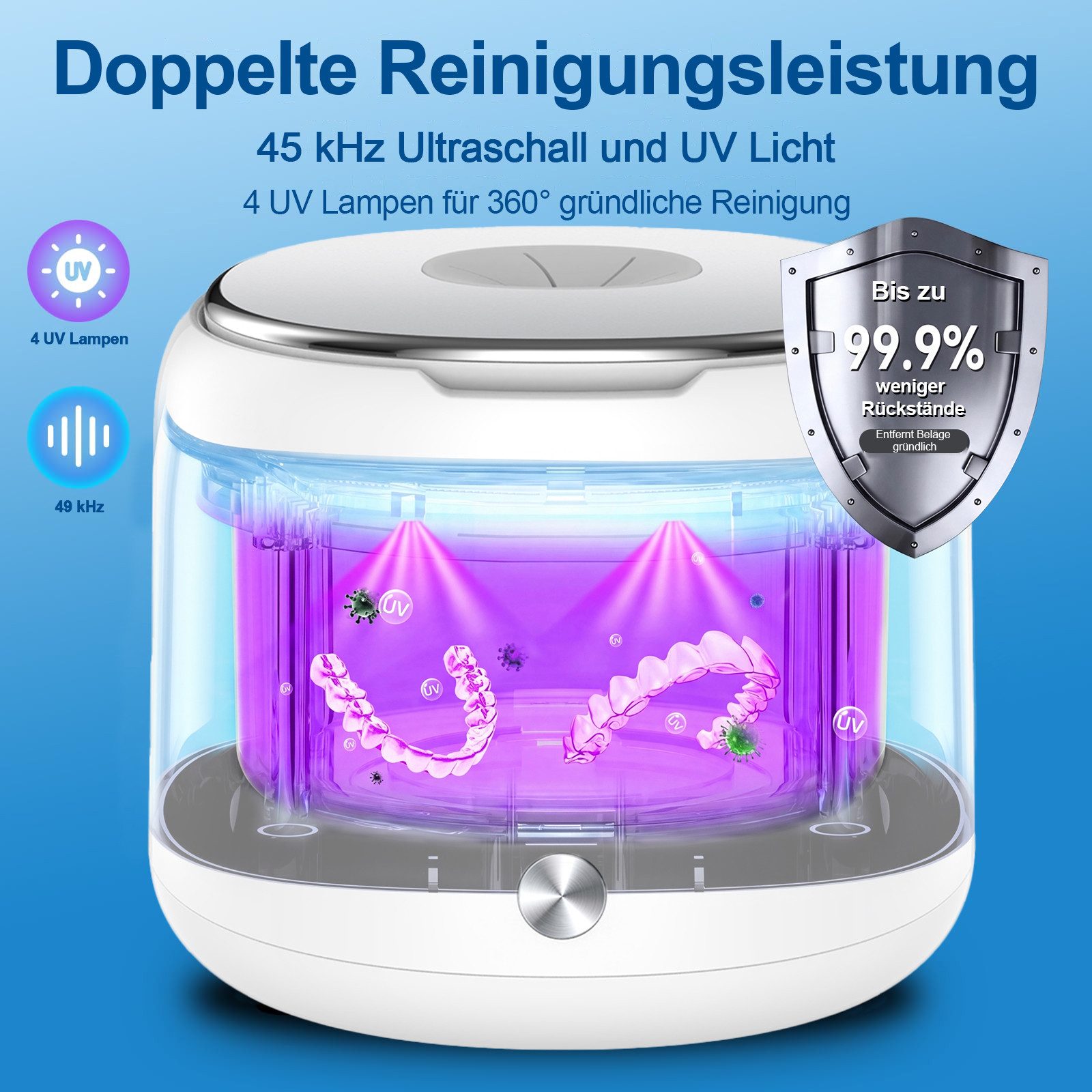 SWGOTA Ultraschallreiniger Ultraschallreinigungsgerät 45000Hz 200ml Tank für Zuhause Büro, 4 Modi UV 254nm Reinigung leise unter 35dB 290g kompakt