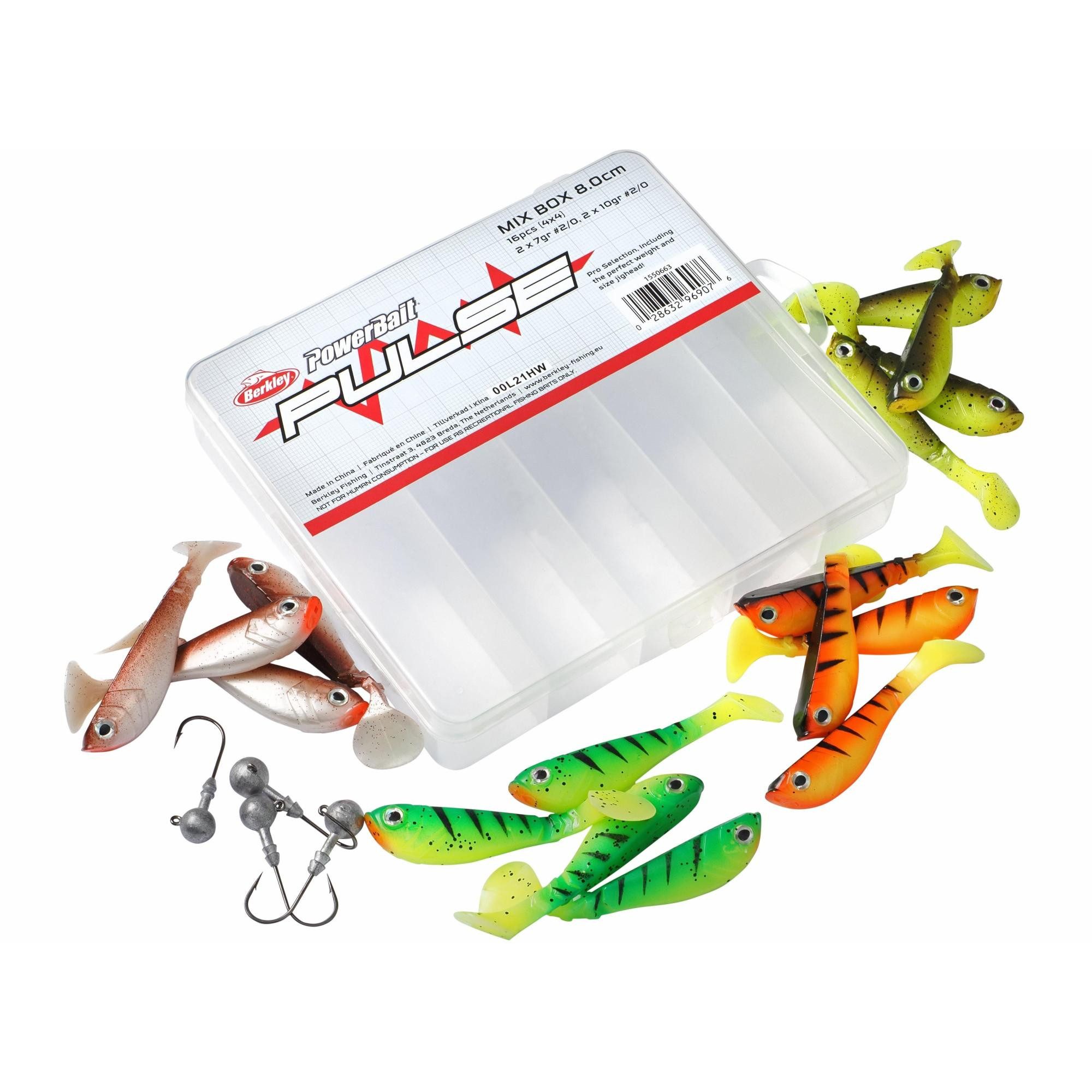 Kunstköder Pulse Shad Box 8cm incl Jigheads 16/4ps - 20 Teile Fangfertig SET