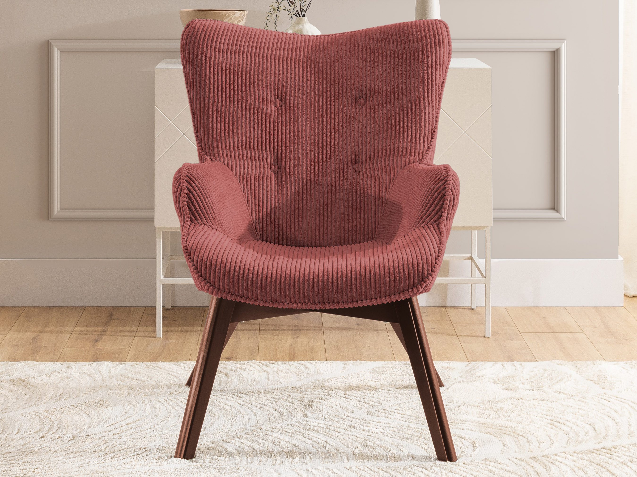 S-Style Möbel Loungesessel Lenari aus Cordstoff mit Füßen aus Massivholz in Natur oder Braun (1 x Lounge-Sessel)