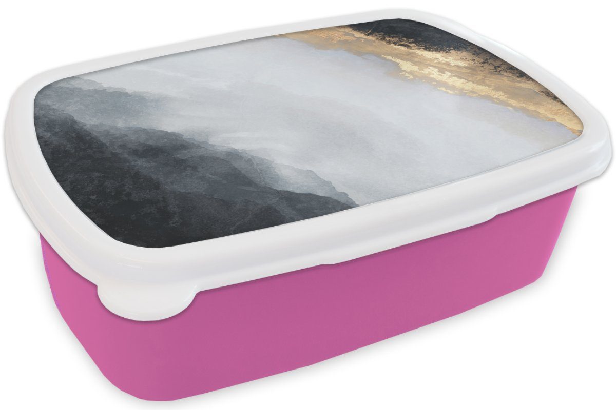 MuchoWow Lunchbox - Erwachsene, Abstrakt Marmor, Schwarz Kunststoff, - Mädchen, Brotbox - Kinder, Farbe - Gold Kunststoff Brotdose (2-tlg), für rosa Snackbox