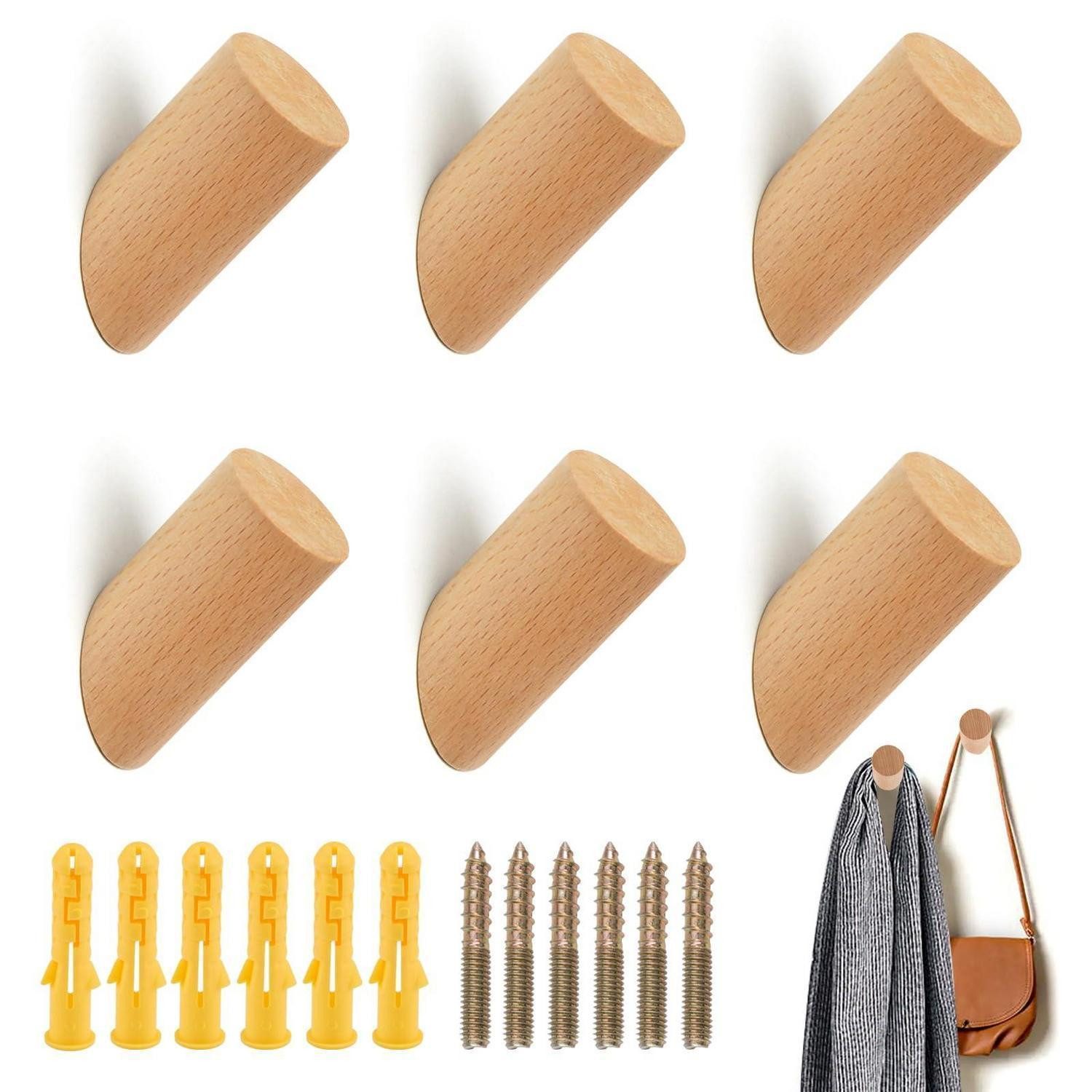 LuxusKollektion Kleiderhaken Wandhaken Holz Skandinavisch 6er Set, (6-St)