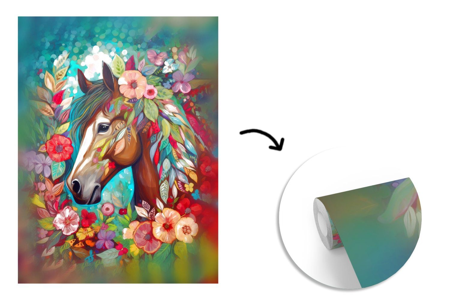 Vinyl Natur MuchoWow St), - für Blumen Malerei Matt, - bedruckt, Montagefertig - Pferd - (4 Wandtapete Tapete Fototapete Wohnzimmer, Farbe,