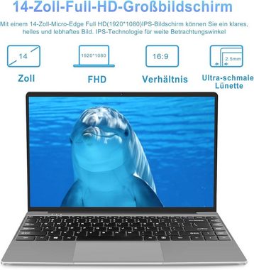 AOCWEI Laptop Notebook (Intel Celeron, N4020, 128 GB SSD, 6GB FHD SupportWiFi2.4G+5G kabelloserMaus Deutscher Tastatur Aufkleber)