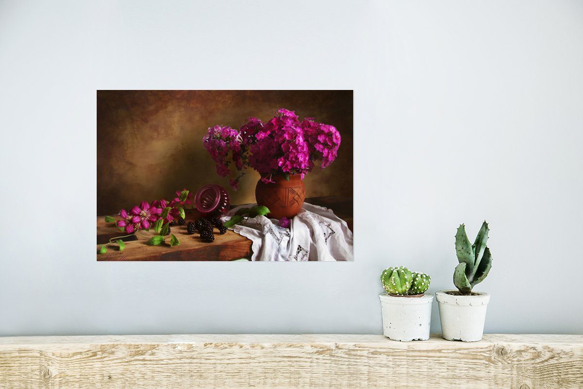 Wohnzimmer, (1 Poster, Wandposter Vase Wandbild, Rahmen für Rosa MuchoWow Blumen - Ohne St), Poster - - - Stilleben, Rustikal