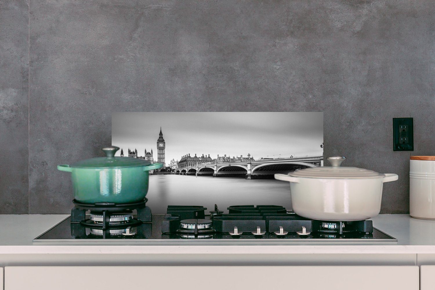 Küchen und Küchenrückwand Wandschutz, London - gegen Fett (1-tlg), MuchoWow für - Wasser und Skyline - 60x30 Schwarz Big weiß, cm, - Schmutzflecken Ben