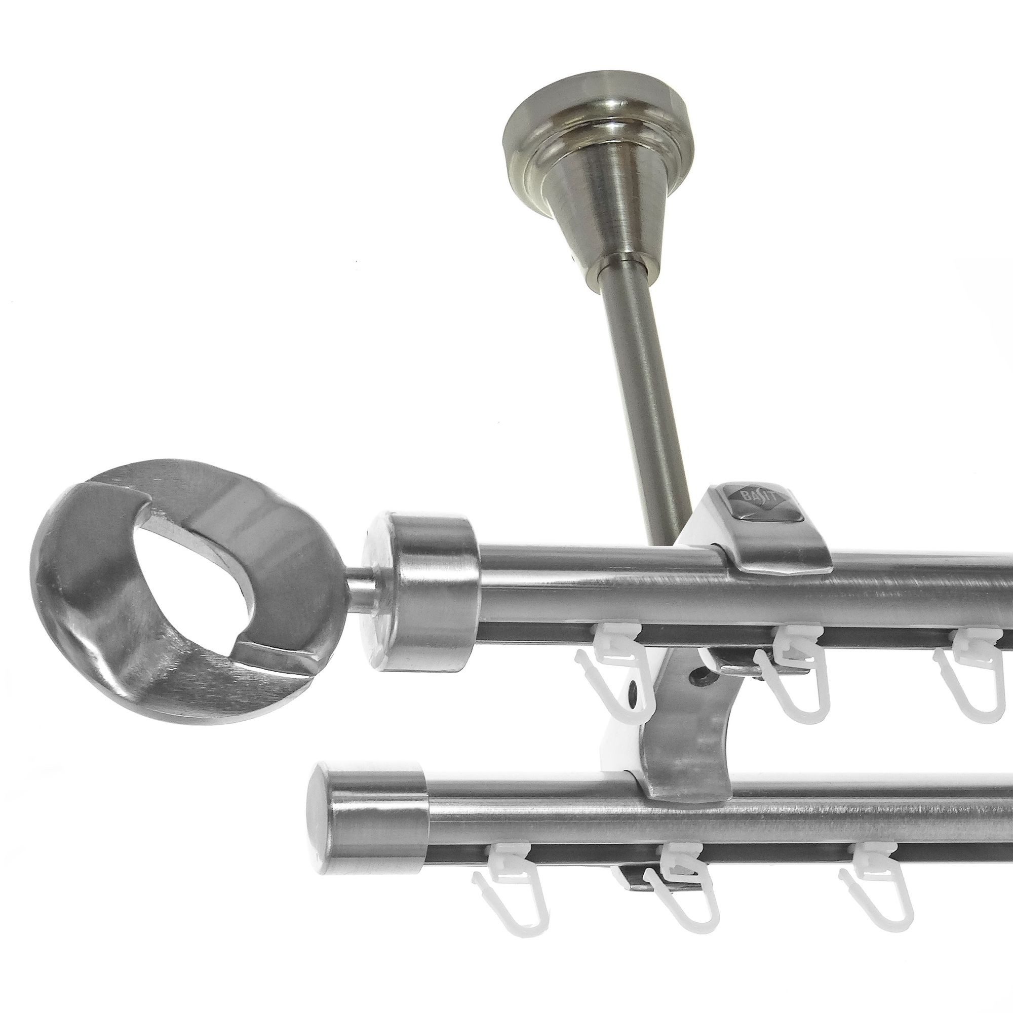 BASIT Gardinenstange Innenlauf Edelstahloptik 20mm mit Deckenträgern 540 cm E83, Ø 20 mm, 2-läufig, verschraubt, Aluminium, D61II 540 cm E83 Ring