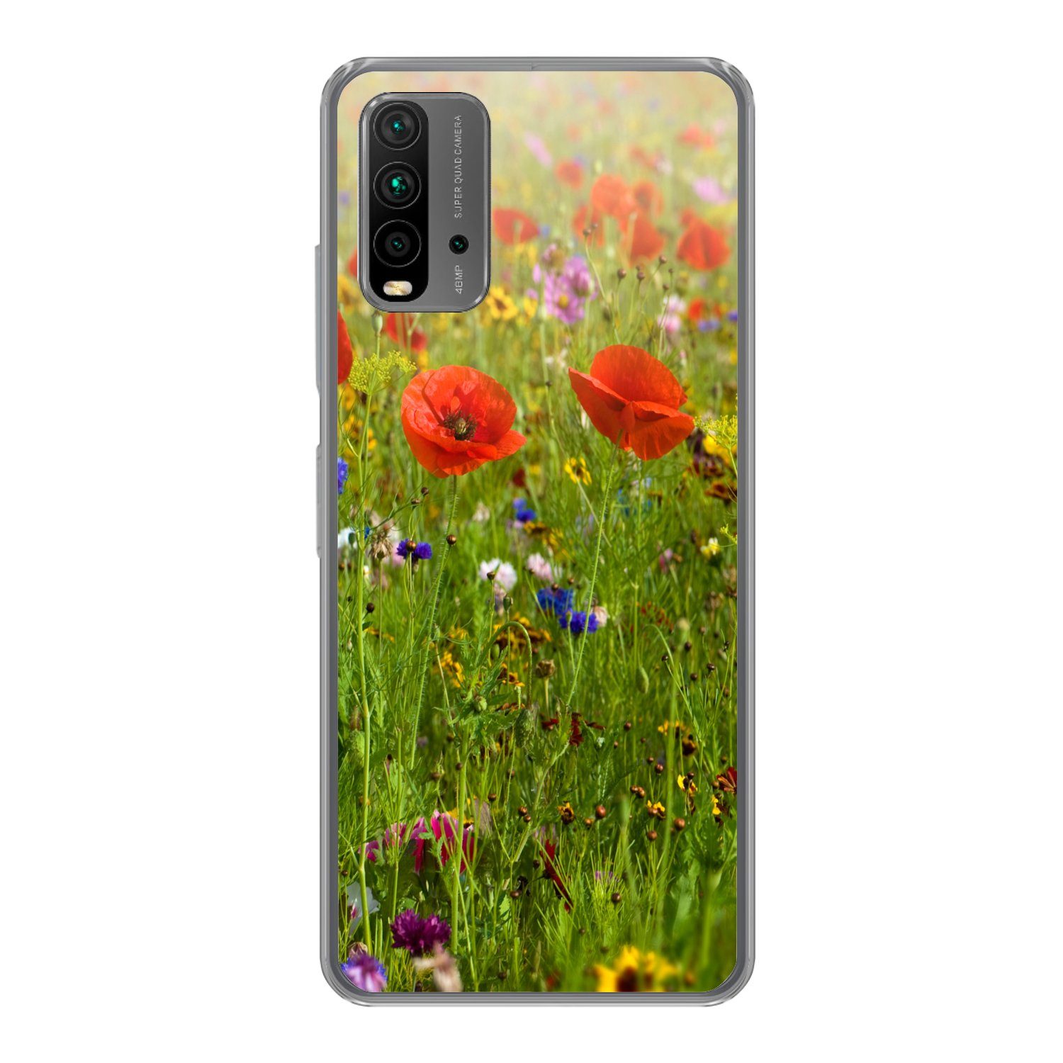 MuchoWow Handyhülle für Xiaomi Redmi 9T Frühling - Blumen - Rot - Mohn - Gras - Grün, Phone Case, Silikon, Schutzhülle Dünn