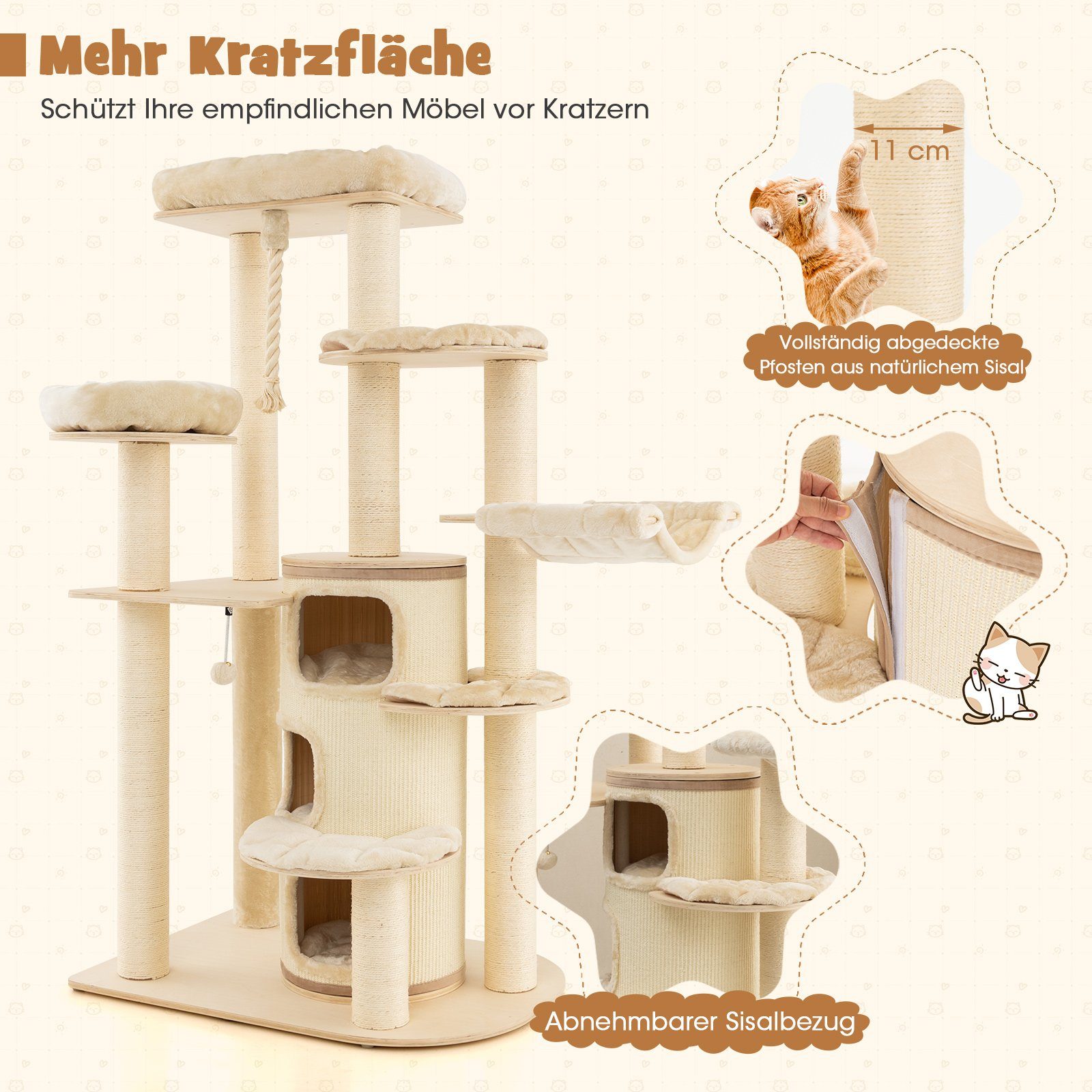 COSTWAY Kratzbaum Katzenbaum, 173cm deckenhoch, mit 3 Katzenhöhle