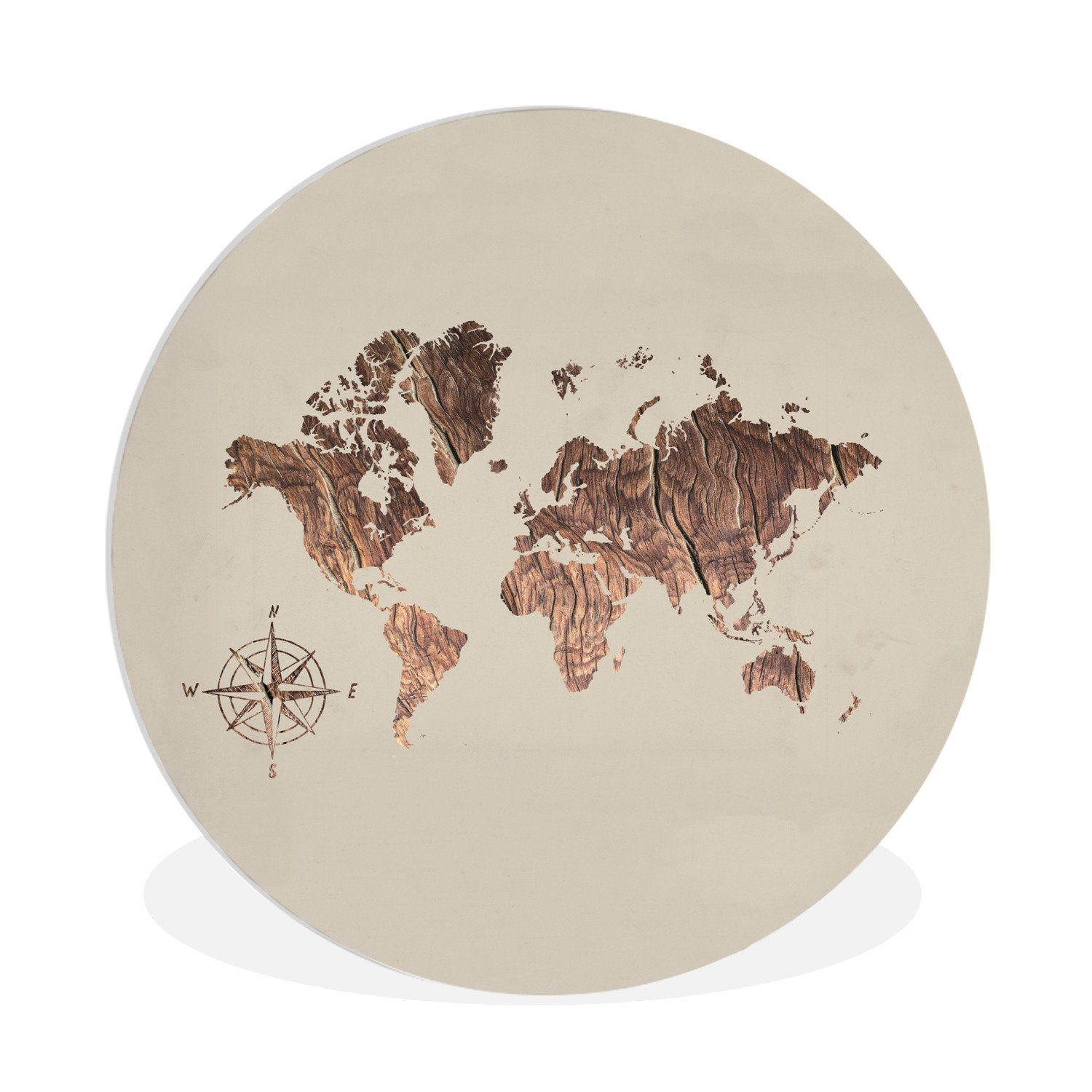 Forex, Wandbild, Wanddekoration (1 Weltkarte MuchoWow - Rundes Kompass, cm Wohnzimmer, St), Gemälde Holz Kreis 30x30 -