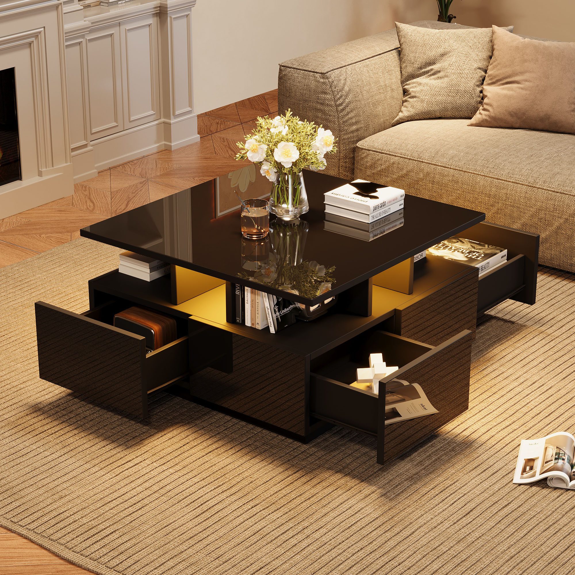 Merax Couchtisch hochglanz Sofatisch Beistelltisch mit LED-Beleuchtung & USB-Anschluss (Kaffeetisch mit App-gesteuerter Beleuchtung, 1-St), Wohnzimmertisch mit 4 Schubladen und 3-Stufen-Design, 70x70x40cm