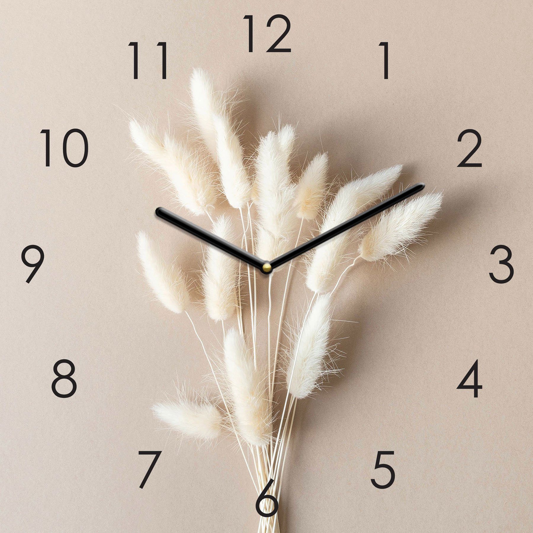 Levandeo® Wanduhr (Wanduhr 30x30cm Glasuhr Pampasgras Glasbild Uhr Wanddeko Wandbild)