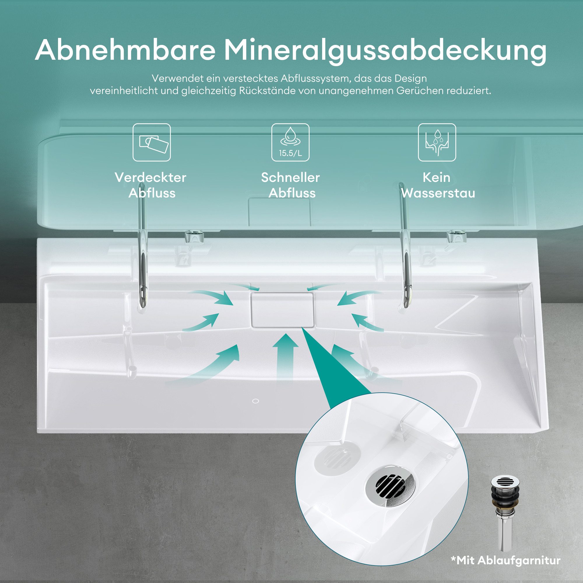 Mai & Mai Waschbecken Einbauwaschbecken Hängewaschbecken aus Mineralguss mit Ablaufgarnitur, verdeckter Ablauf, abnehmbare Ablaufabdeckung – Bild 3 von 5
