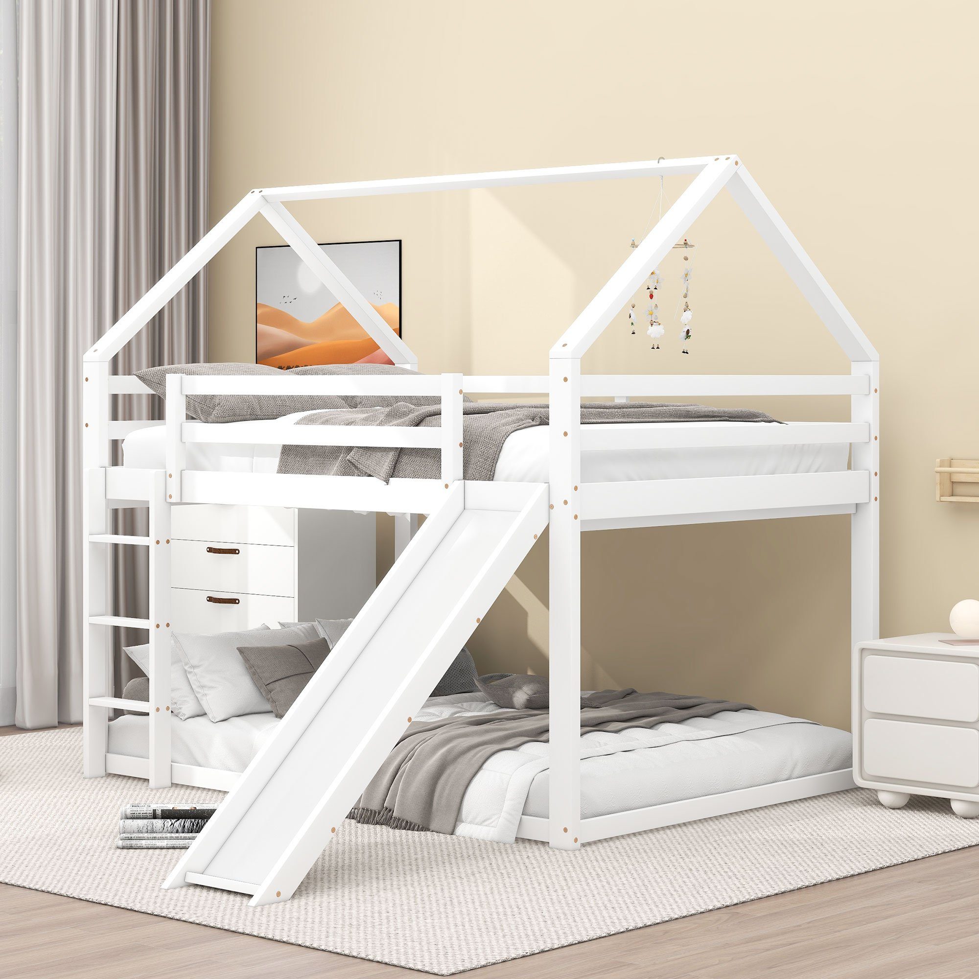 Flieks Hochbett Doppelbett Etagenbett Kinderbett mit oberem Lattenrost 140x200cm weiß