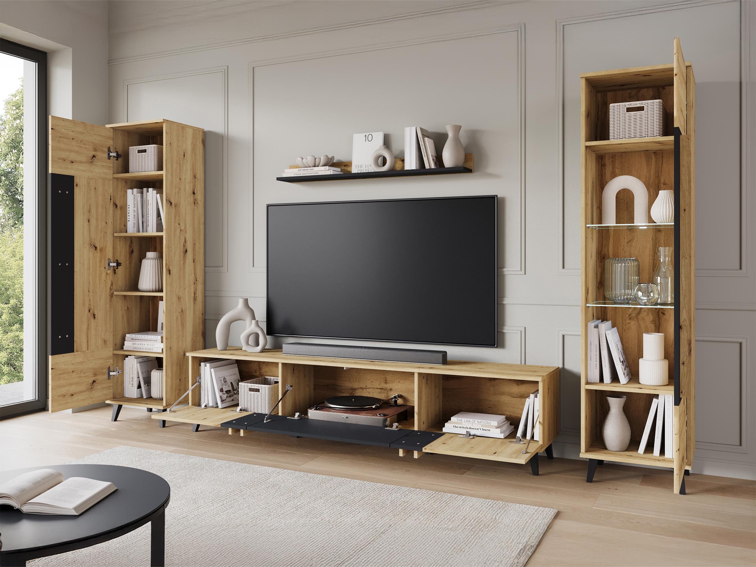 MIRJAN24 Wohnzimmer-Set Helsinki IV, (5er-Set, Vitrine, Regal, TV-Lowboard, Wandregal, Kommode), Füße - 10 cm