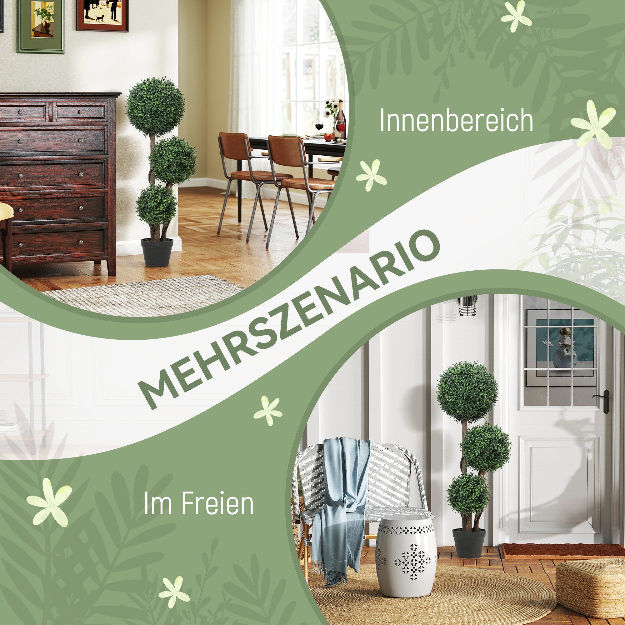 Kunstpflanze Künstliche Kugel dreikugelig mit UV-Schutz Fake Plant wie echt Buchsbaum, HOMCOM, Höhe 100 cm, für Wohnzimmer, Büro, Grün – Bild 5 von 5