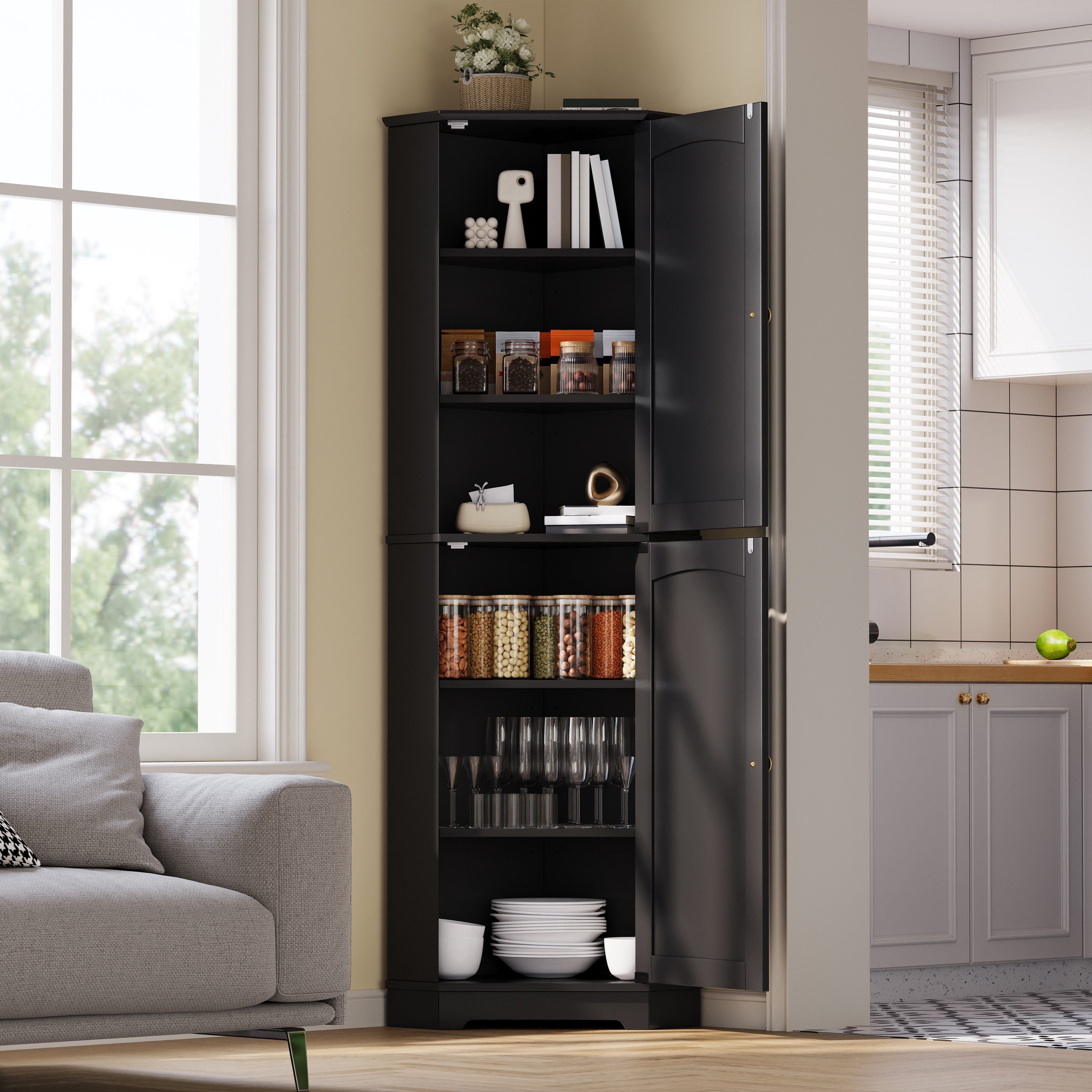 Odikalo Eckschrank Mehrzweckschrank Sideboard Bogentür-Design mit Türen verstellbaren (42 × 42 × 166 cm Eckschrank Aufbewahrungsschrank mit 2 Türen und verstellbaren Einlegeböden Sideboard für Küche Esszimmer Wohnzimmer)