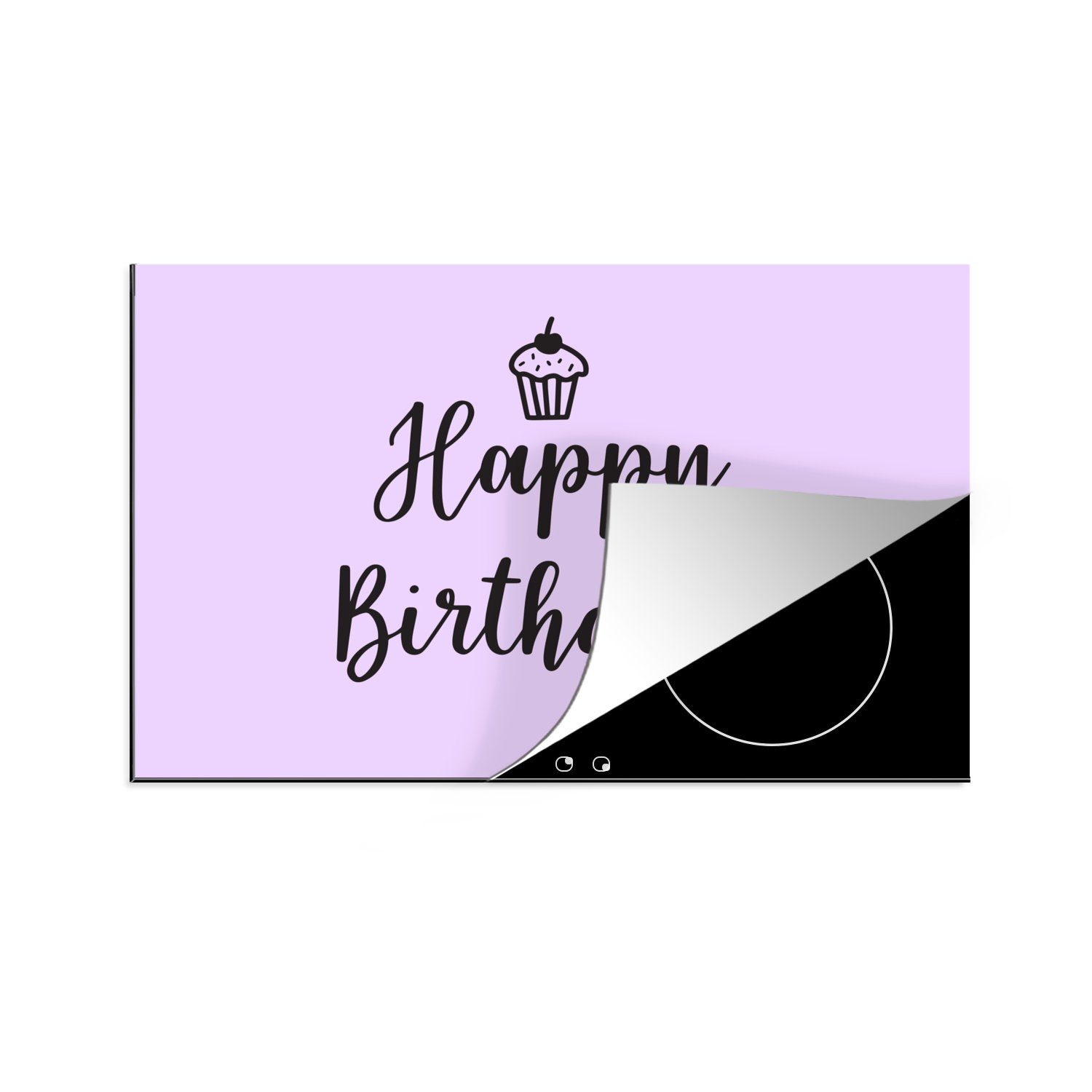 MuchoWow Herdblende-/Abdeckplatte Cupcake mit dem Zitat "Happy Birthday" auf einem rosa Hintergrund, Vinyl, (1 tlg), 81x52 cm, Induktionskochfeld Schutz für die küche, Ceranfeldabdeckung