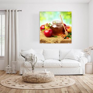 Primedeco Glasbild Wandbild Quadratisch Honig und Apfel im Grünen mit Aufhängung, Früchte