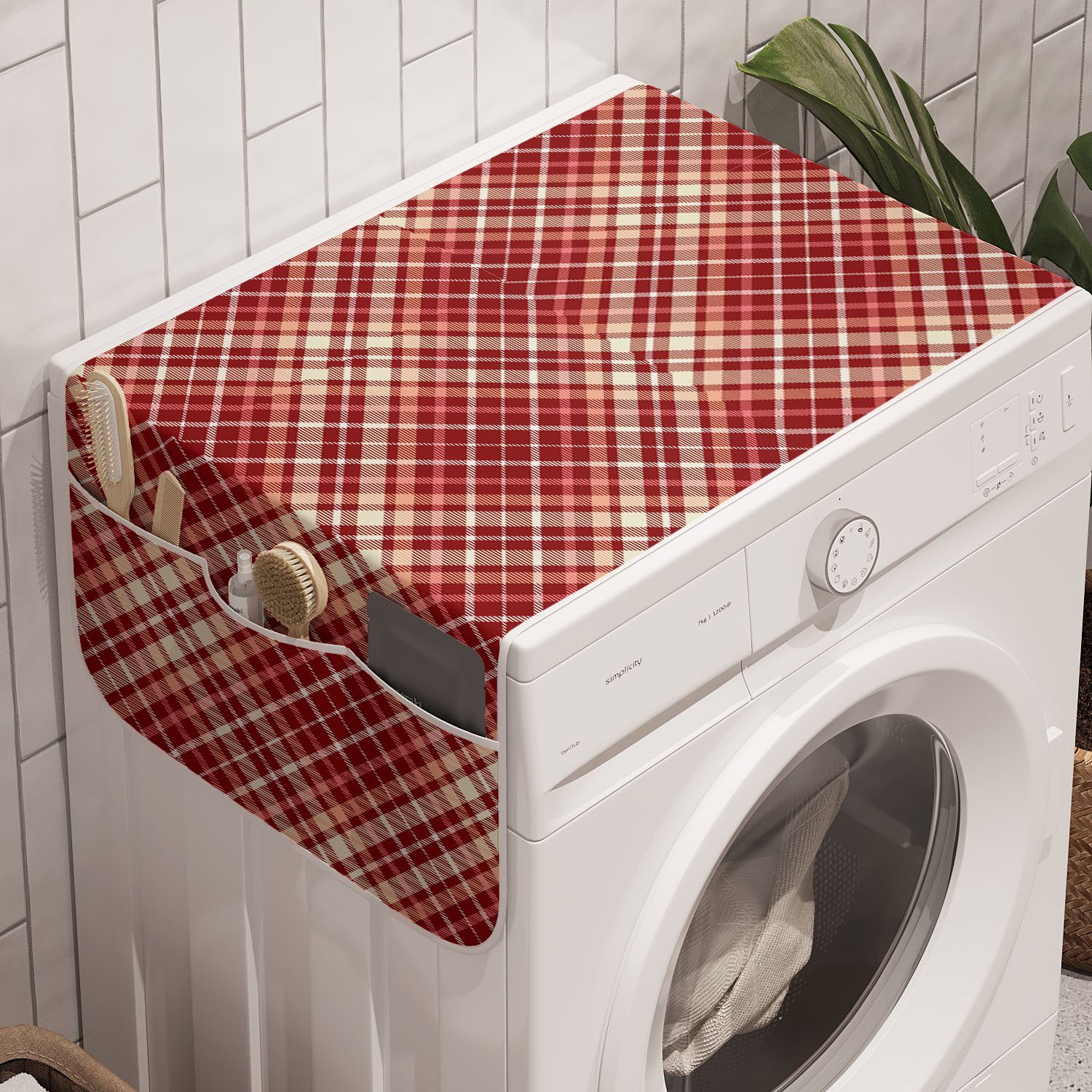 Abakuhaus Badorganizer Anti-Rutsch-Stoffabdeckung für Waschmaschine und Trockner, Plaid Tartan Checkered warme Töne