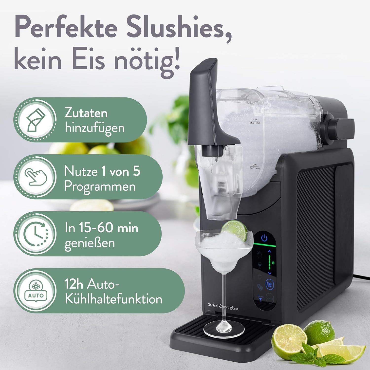 Springlane Slush-Eismaschine Sophie, 5-in-1 Slushmaker, 1,2 Liter, Quickfreeze, Rezeptbuch, Geräuscharm, Selbstreinigung, einstellbare Konsistenz, 12h kühlhalten