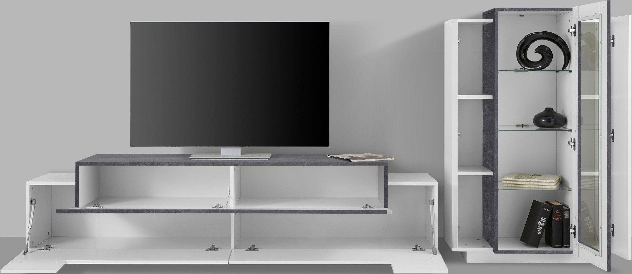 Home affaire Wohnwand Coro, Anbauwand, Medienwand, (Set, 2-St), Lowboard 4 Fächern Breite 200 und Vitrine 3 Türen Breite 80