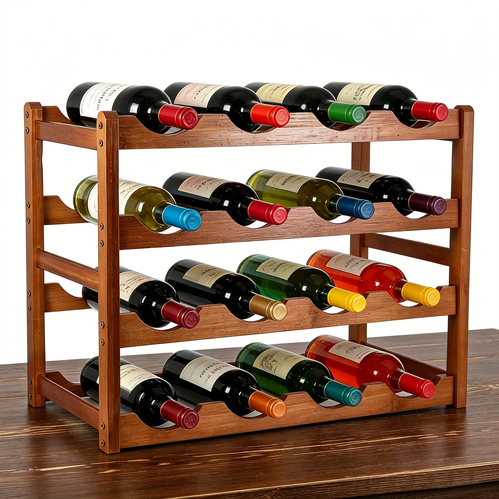 BlingBin Weinregal Holz 16 Flaschen, Flaschenregal 4 Ebenen, stapelbarer Weinständer, 1er Set 1-tlg., Holz Flaschenständer für Küche, Keller und Wohnzimmer, Braun