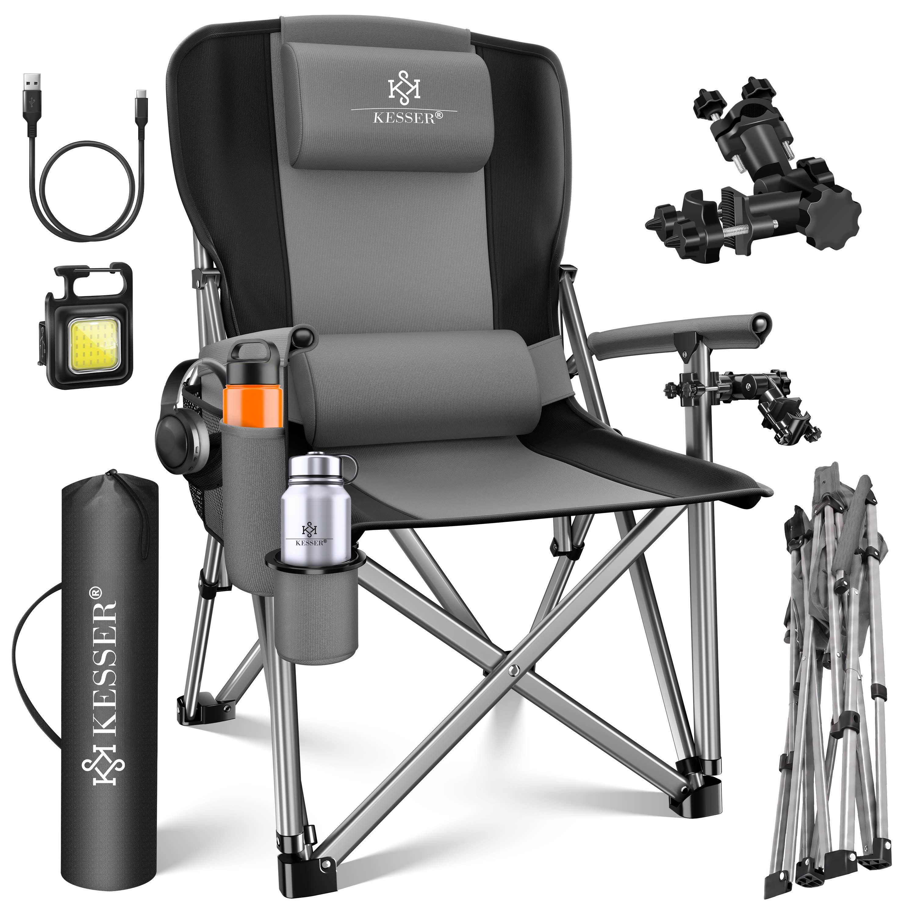KESSER Campingstuhl (Strandstuhl mit hoher Rückenlehne + Tasche), Campingstuhl Inkl. Campinglicht, Angelhalterung und Getränkehalter