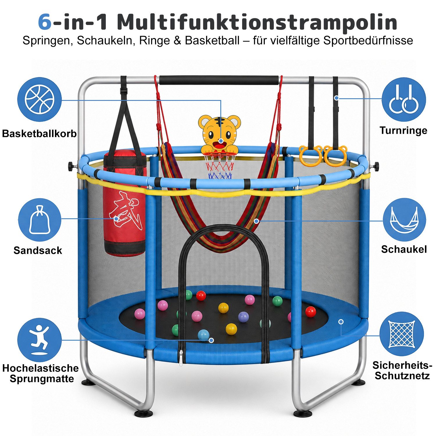 kehot Kindertrampolin Kinder Trampolin mit Sicherheitsnetz,Turnstange, Innen-/Außenbereich, Ø 140 cm, mit 10 kleine Bälle,2 Hängeringe,1 Basketballset,Schaukel,Sandsack