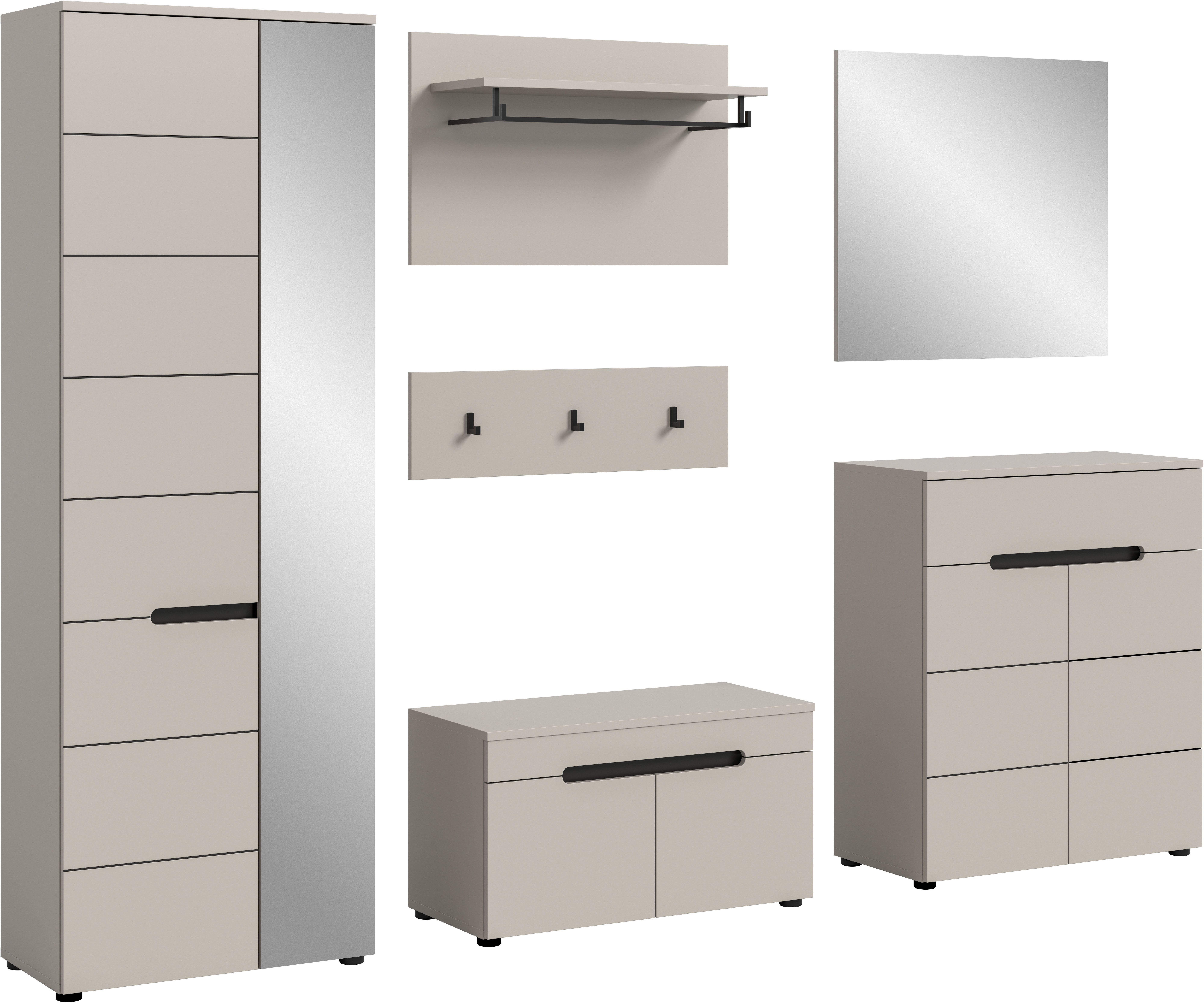 Home affaire Garderoben-Set Rehat, Garderobenkombination, Breite 255cm, (Set, 6-St., Garderobenschrank, Sitzbank, Paneel, Hakenleiste, Spiegel, Kommode), Garderobenkombination, Kombination, Set, Flurgarderobe, Diele