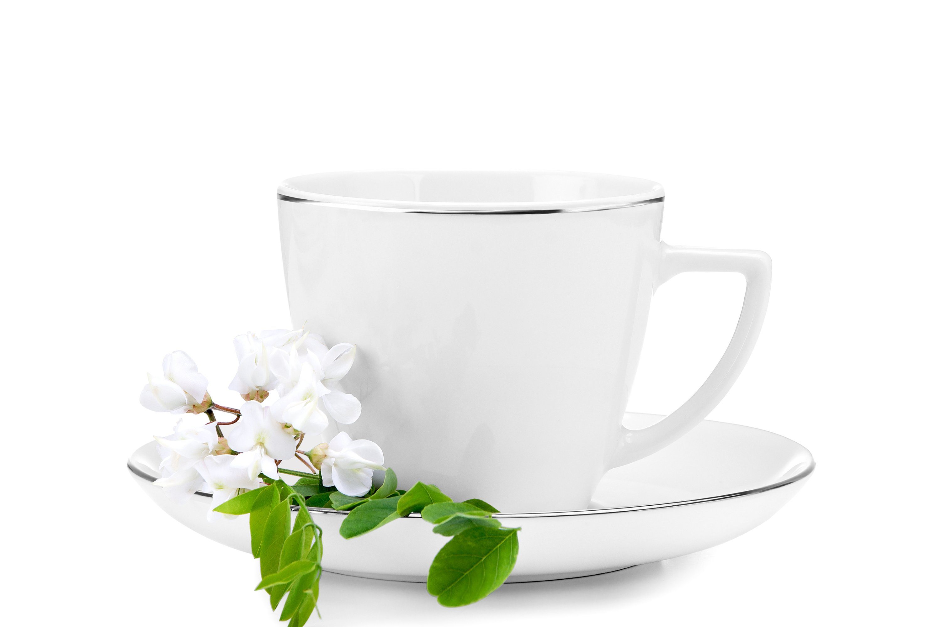 Konsimo Kaffeeservice BOSS 6 Weiß/Platin-Weiß/Platin 350ml (12-tlg), Porzellan, & rund, Tassen Personen, Untertassen