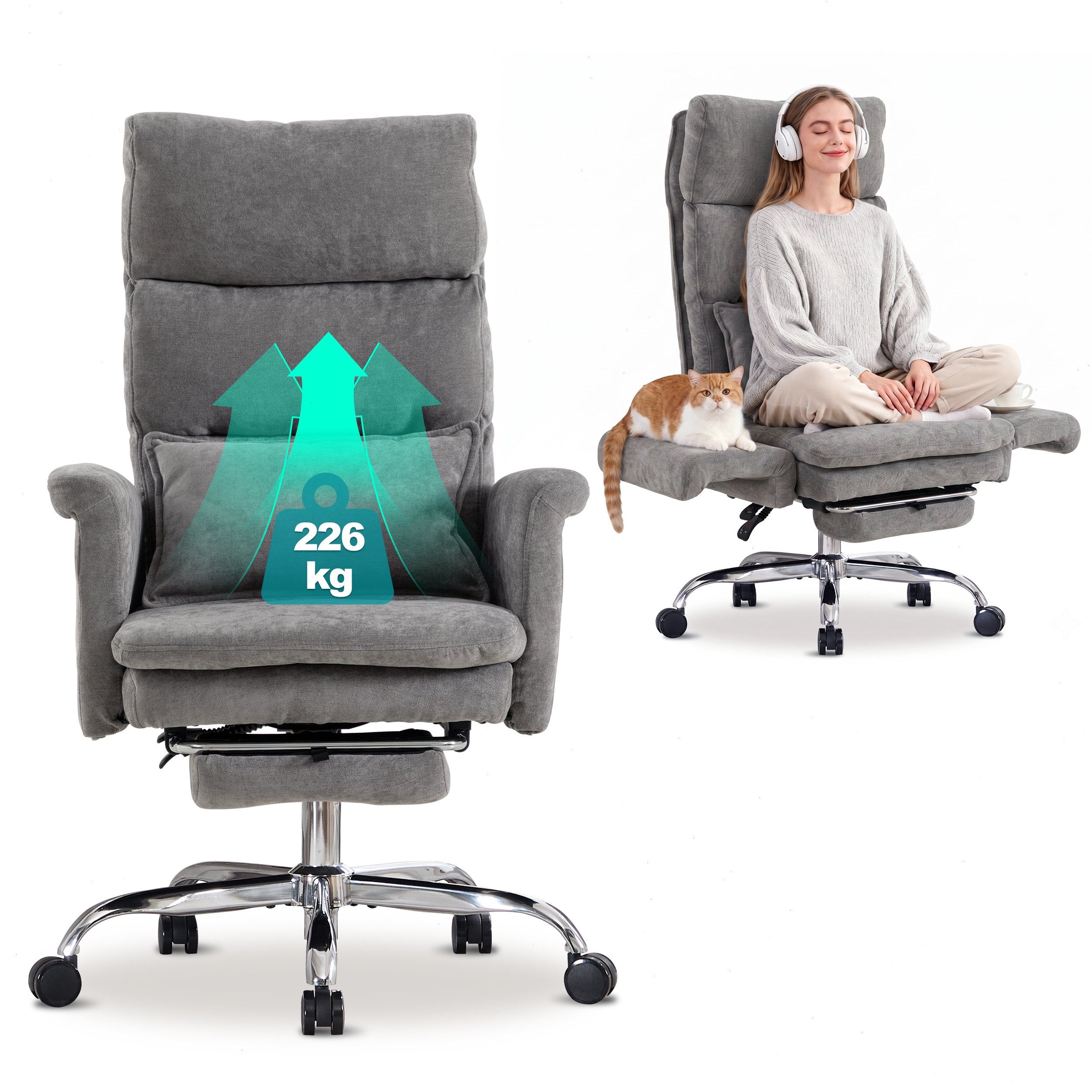 UEV Bürostuhl Ergonomisch mit Fußstütze Verstellbarer Kopfstütze (mit klappbare Armlehnen, verstellbarer Kopfstütze bis 226kg), Verstellbare Kopfstütze bis 90°, Verstellbare Rückenlehne bis 150°