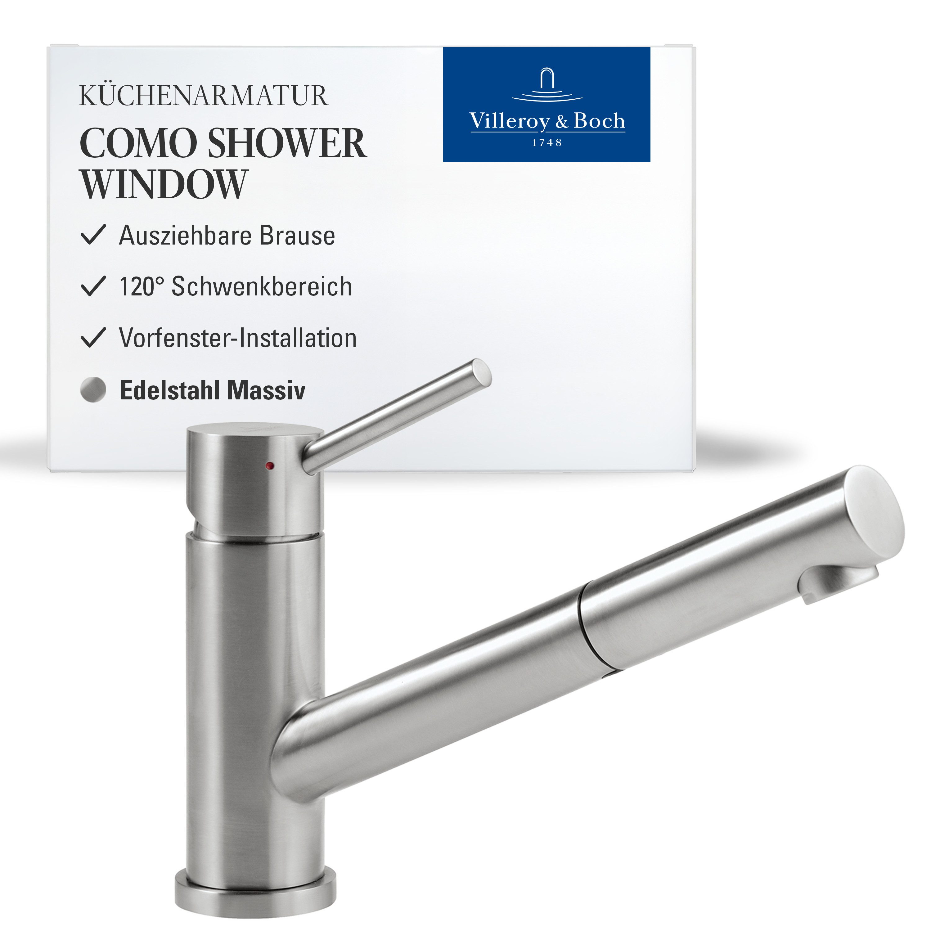 Villeroy & Boch Küchenarmatur Como Shower Window ausziehbare Handbrause, 120° Schwenkbereich, Edelstahl massiv