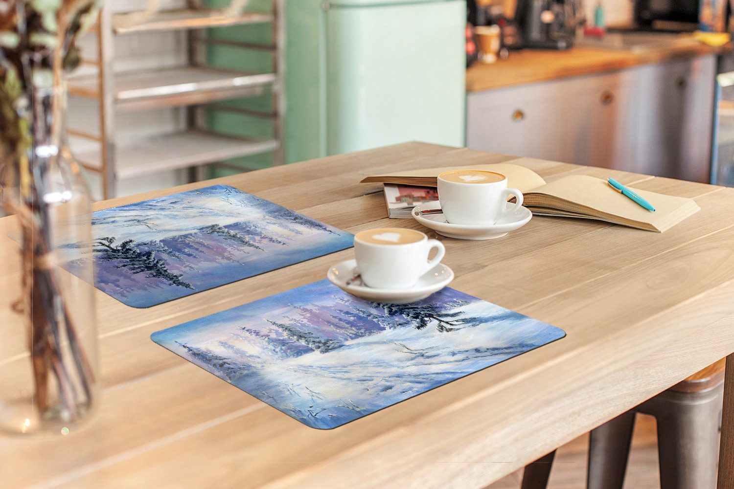 MuchoWow Platzset Wald - Winter - Schnee, (6-St), Platzsets, Tischset, Abwaschbar, Tischsets, Platzdeckchen