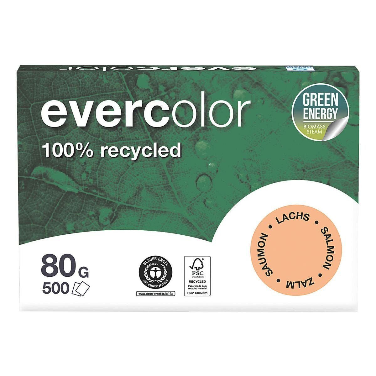 CLAIREFONTAINE Recyclingpapier evercolor, Pastellfarben, Format DIN A4, 80 g/m², 500 Blatt lachs