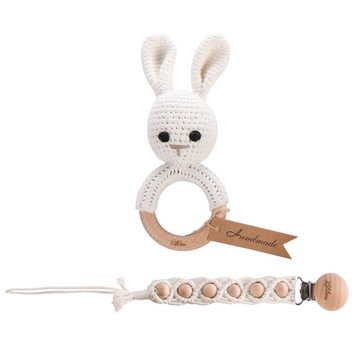 Lililove Geschenkset Neugeborenen-Geschenkset Lovely Bunny Box (Geschenkset, 2-teilig, Rassel: 13cm, Schnullerkette: 26cm) Geschenkset