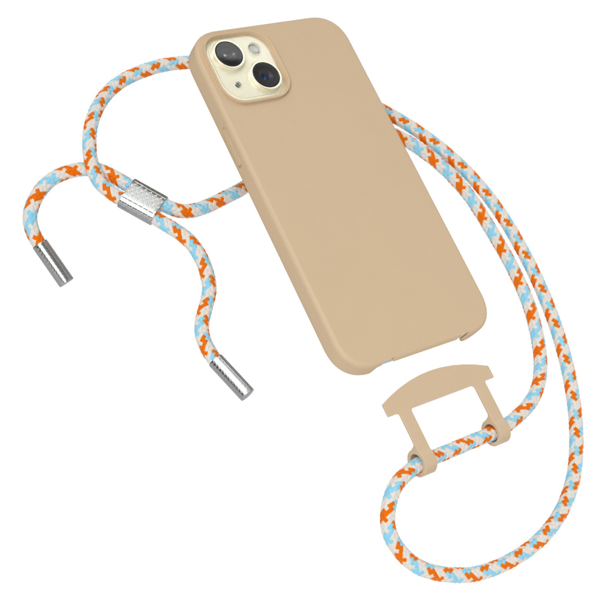 EAZY CASE Handykette 2in1 Hülle mit Band für iPhone 15 Plus 6,7 Zoll, Handykette zum Umhängen Slim Phone Chain Festivalbag Smartphone Taupe