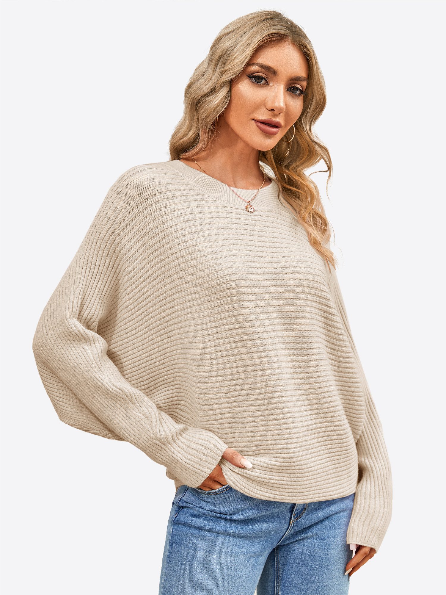 Imily Bela Sweater Damen Oversize Pullover aus Rippstrick mit Fledermausärm günstig online kaufen