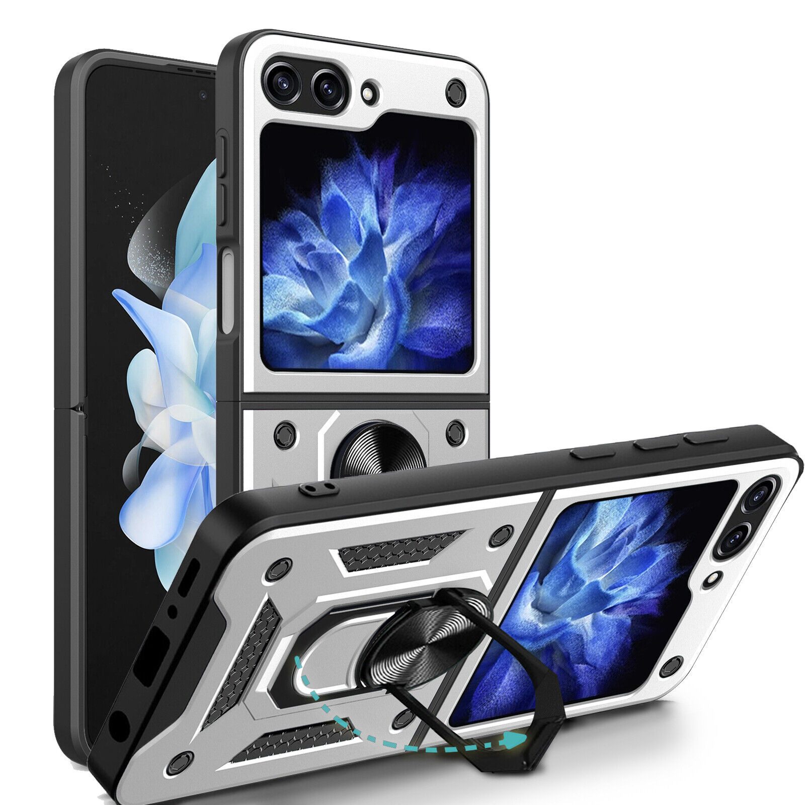 betterfon Handyhülle Panzerhülle für Samsung Galaxy Z Flip 5 mit Kameraschutz & Ringhalter, Outdoorhülle mit Smartstand und Silikonkern