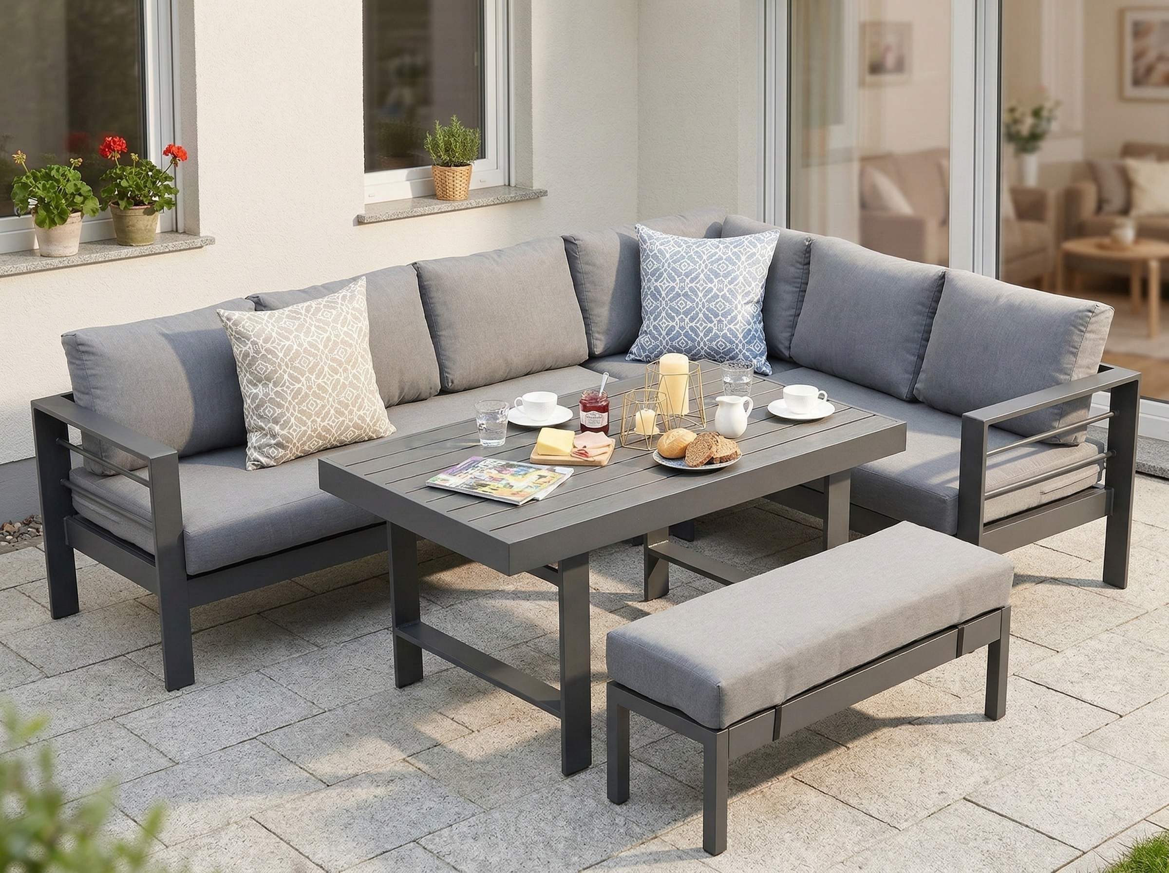 MeXo Gartenlounge-Set XXL Lounge Gartenmöbelset aus Aluminium, wetterfest, (Garten-Essgruppe für 6-8 Personen, 5-tlg., 12/15 cm dicke Kissen, Terrassenmöbel Set mit hohem Tisch), pflegeleichte Polywood-Tischplatte, flexibel kombinierbar