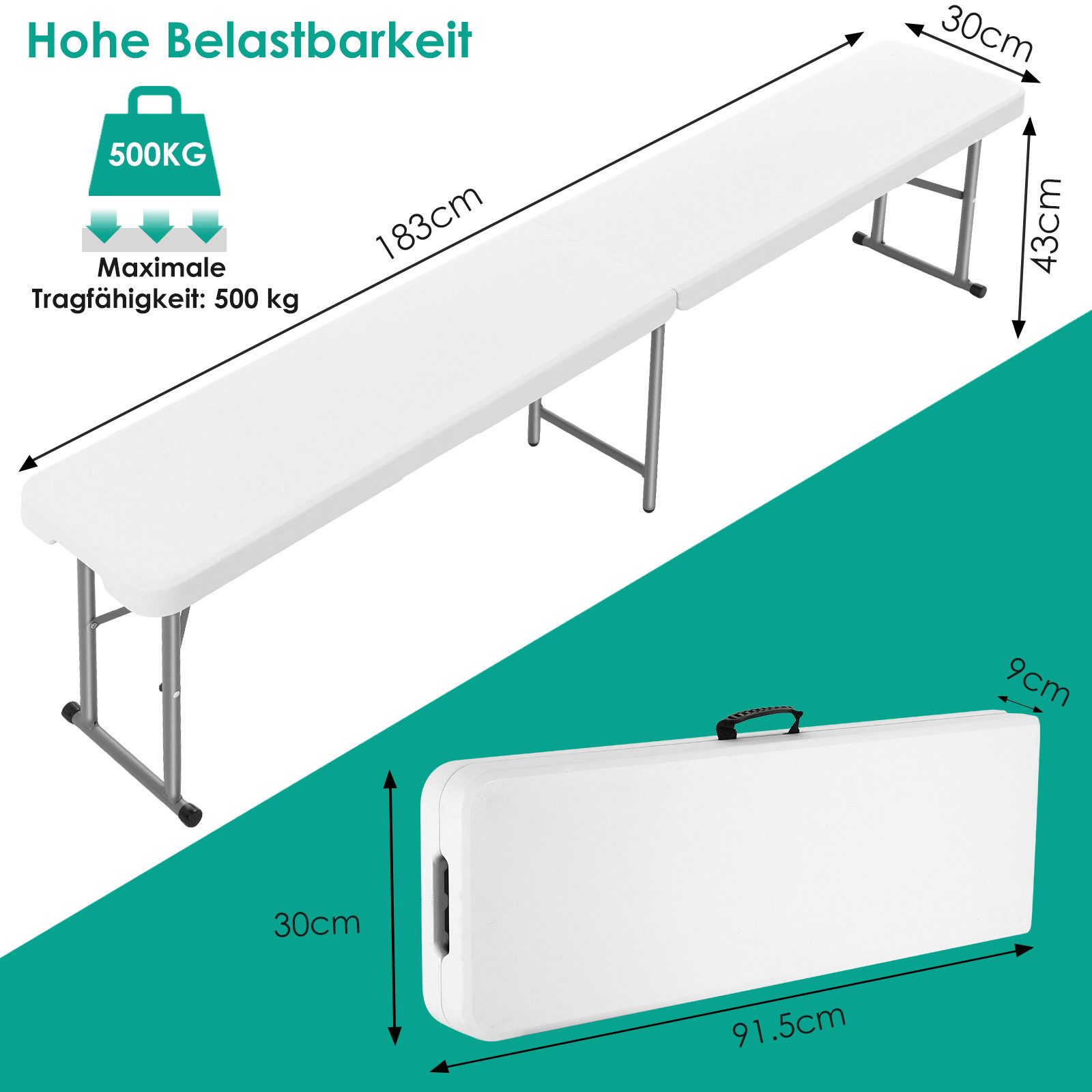 TLGREEN Gartenbank 2pcs Bierbank Klappbar 181cm, Campingbank Faltbar mit Tragegriff (Bierzeltbank bis 500kg Belastbarkeit, Gartenbank aus HDPE & Stahlgestell), Wetterfeste Partybank für Grill/Camping/Garten
