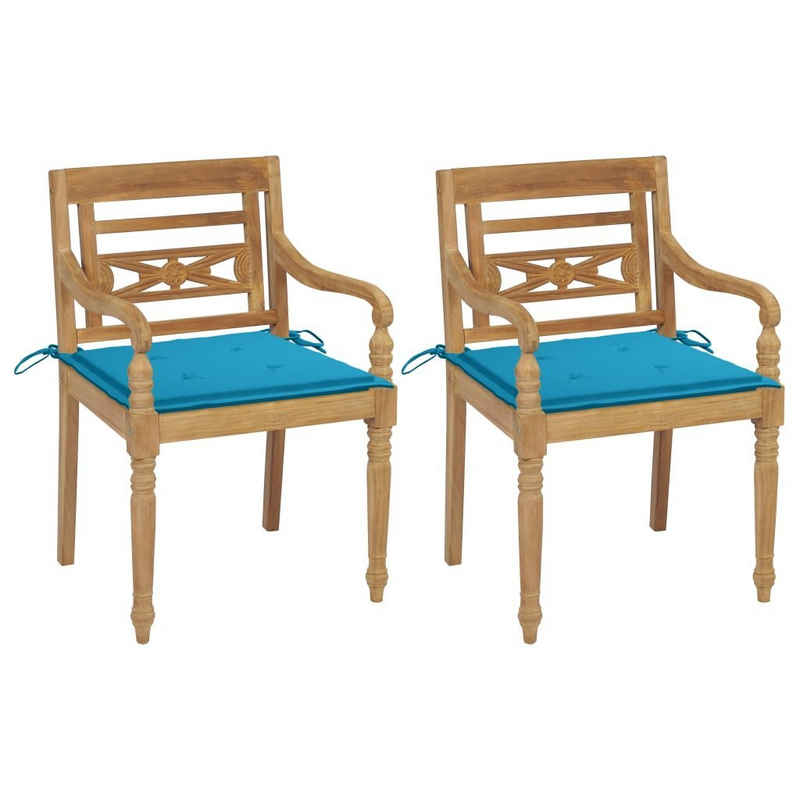furnicato Gartenstuhl Batavia-Stühle 2 Stk. mit Blauen Kissen Teak Massivholz