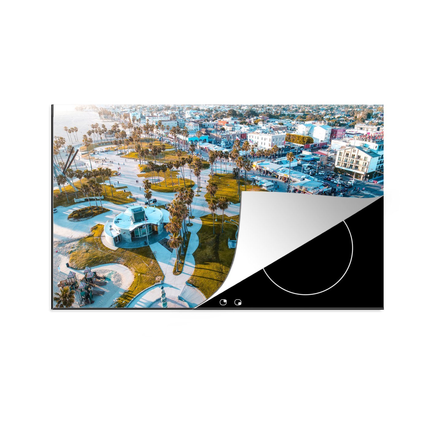 MuchoWow Herdblende-/Abdeckplatte Venice Beach in Kalifornien aus der Vogelperspektive, Vinyl, (1 tlg), 83x51 cm, Ceranfeldabdeckung, Arbeitsplatte für küche