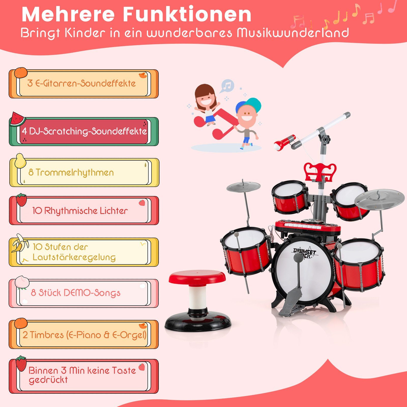 COSTWAY Kinderschlagzeug Drum, mit Keyboard&Hocker&Mikrofon¬enständer