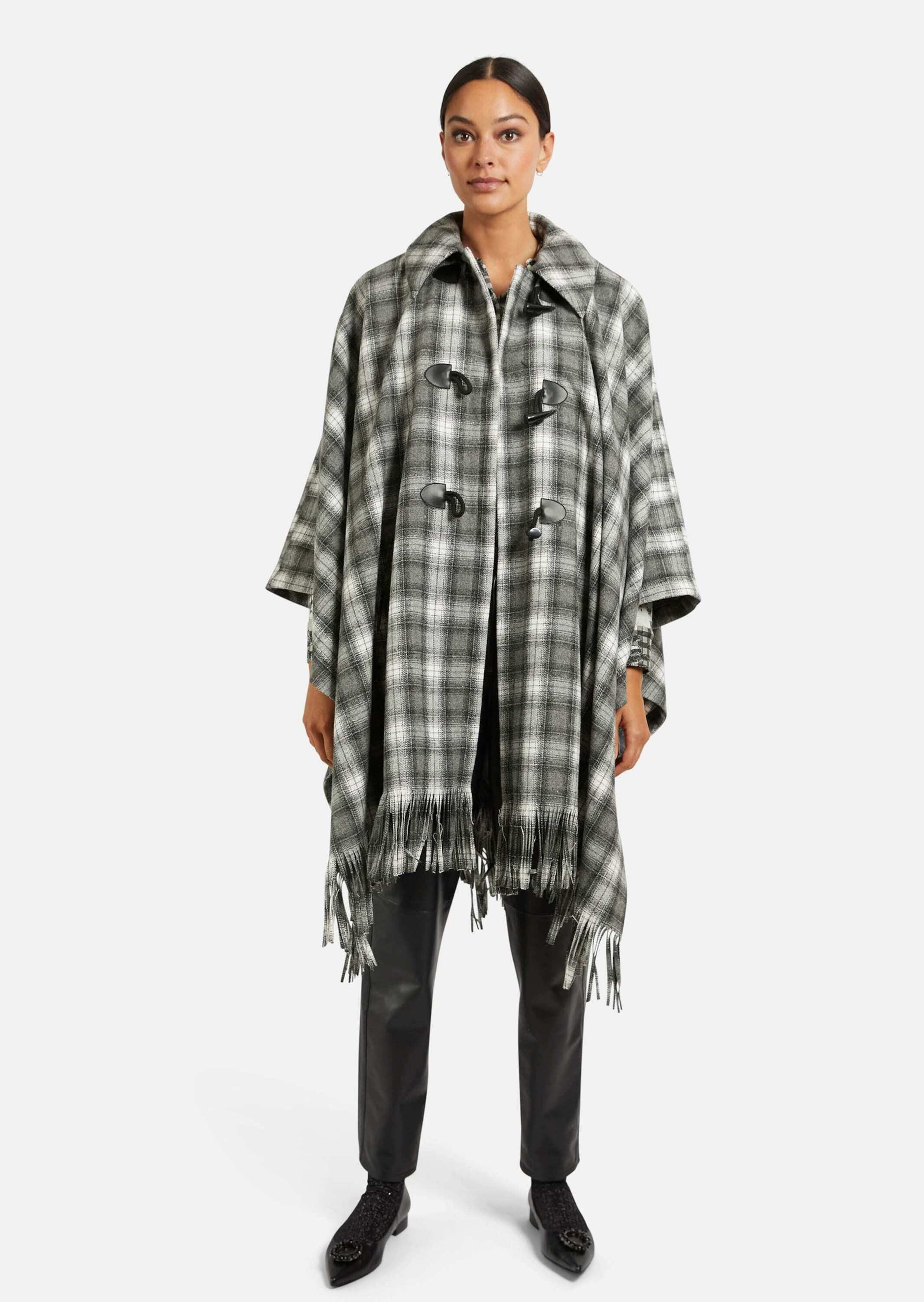 MADELEINE Poncho Karo-Cape mit Innenweste, Hemdkragen Uni-Design, Hemdkragen