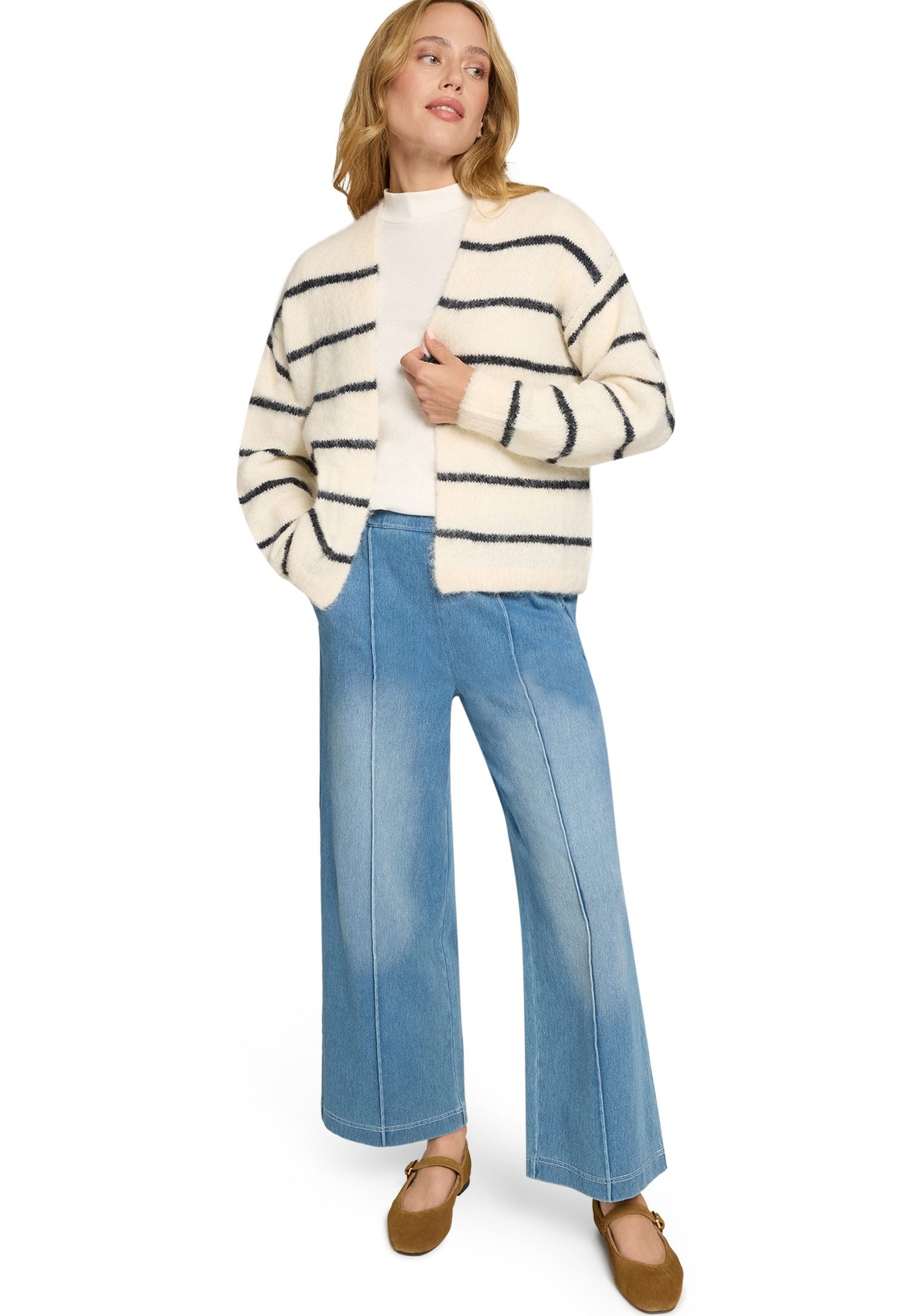 Zero Strickjacke Damen mit Streifen offener Style (1-tlg) Plain/ohne Details